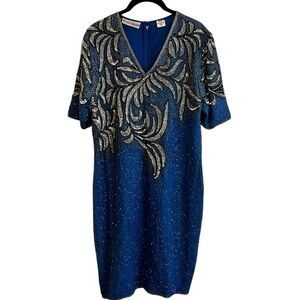 Vintage Blue Silk Beaded Dress Size Medium